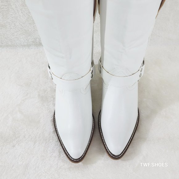 Western Rider Cut Harness White Leatherette Cowboy Pull On Country Cowgirl Boots - Picture 6 of 11